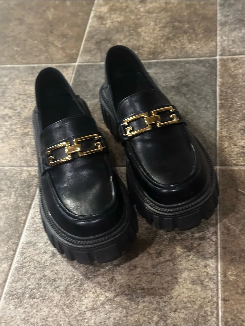 Black Leather Lug-Sole Loafers with Gold Chain Accent